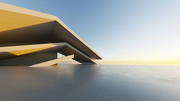 istock 3d illustration of abstract modern architecture background, Minimal geometry architectural design, Car presentation backdrop with empty concrete floor, Geometric white blocks building design 2238906360