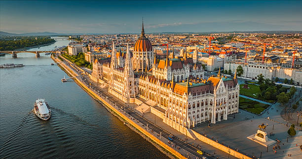 Hungarian Parliament Building on the Danube River in Budapest at Sunset