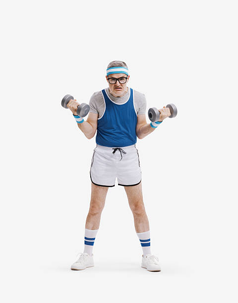 istock Funny slim guy exercising with dumbbells 2238916841