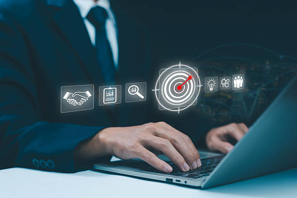 istock Businessman using laptop with digital marketing strategy icons, target audience, data analysis, and innovation concept for business growth and success in modern technology. 2238917829