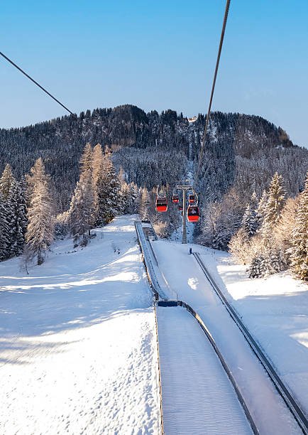 Kitzbuhel in Kitzbühel Alps region Tyrol, Austria - Ski resort and ski jump seen from cable car in Austrian Alps