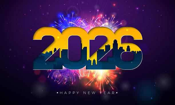 istock 2026 Happy New Year Banner Design with Cityscape in Typography Number and Fireworks on Night Background. Christmas Holiday Illustration with Text Label for Flyer, Greeting Card, Banner, Celebration Poster, Party invitation or Calendar. 2238920583