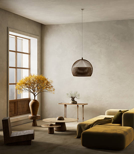 istock Warm Japandi living room interior design. 3D illustration 2238931267