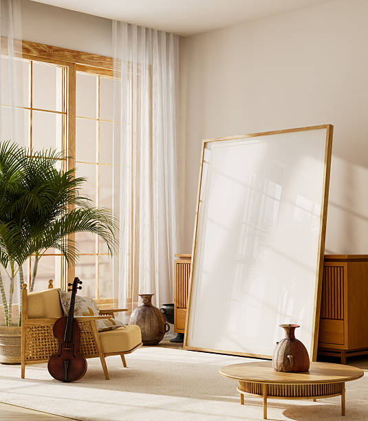 istock Scandinavian interior with mock up poster frame and vintage violin. 3D illustration 2238931316