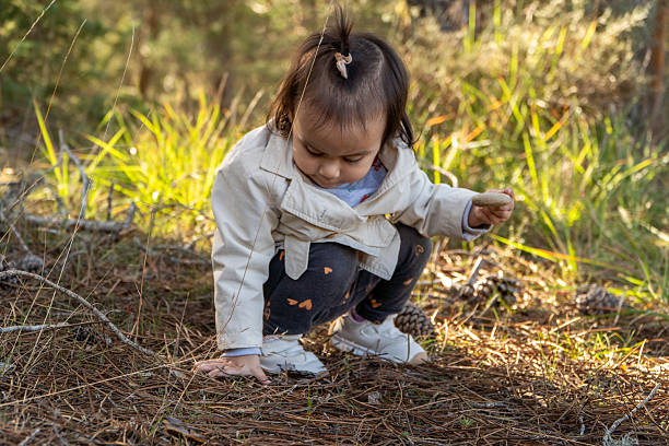 Toddler girl exploring the autumn forest floor showcasing the importance of environmental education
