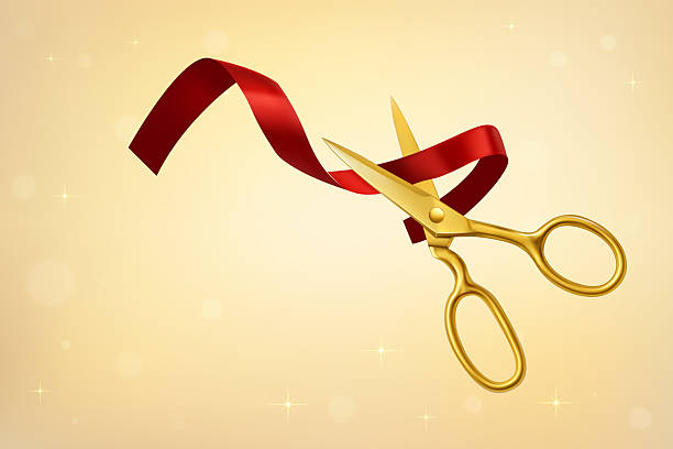 istock Grand opening background with red ribbon and golden scissors 2238942470