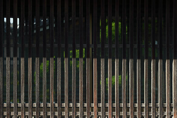 Background of traditional Japanese architecture featuring burnt cedar\n plank walls