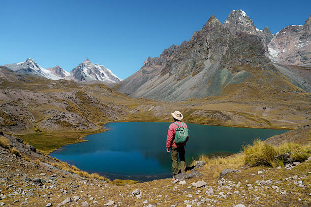 Determined man hiking in high altitude in  Peruvian Andes