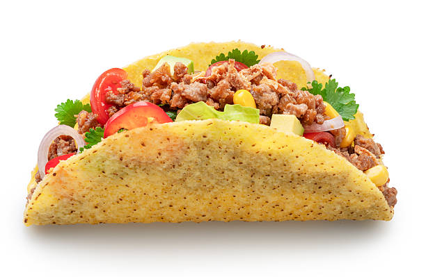 istock Mexican meat taco or beef stuffed tortilla isolated on white background. File contains clipping path. 2238962140
