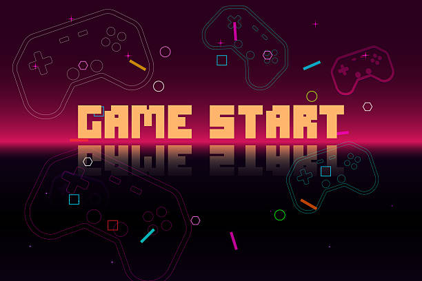 istock GAME START. pixel art .8 bit game. Retro Futurism Sci-Fi Background. glowing neon grid and star from vintage arcade computer games 2238962366