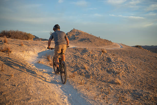 mountain biker speeding through the desert meadow terrain beneath a cloud filled blue sky filled with the sun during sunset turning the landscape a golden yellow.  horizontal composition with copy space.