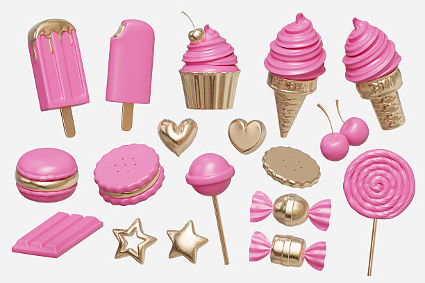 Pink and Gold candy dessert element object set pack collection isolated background 3d rendering