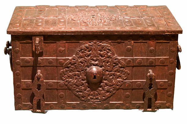 An antique, weathered wooden chest with three drawers secured by metal clasps or locks, potentially containing valuable items Depicted in a vintage setting, possibly for home decor or furniture adve