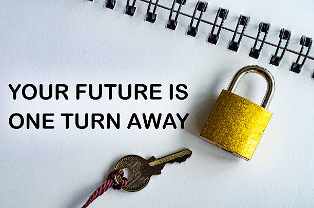 istock YOUR FUTURE IS ONE TURN AWAY, Motivational notepad with padlock and key emphasizing optimism and action. 2238991744