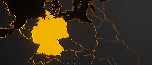 Golden Germany 3d map surrounded with other countries in black with golden borders and shallow dof. Europe political map with borders.
