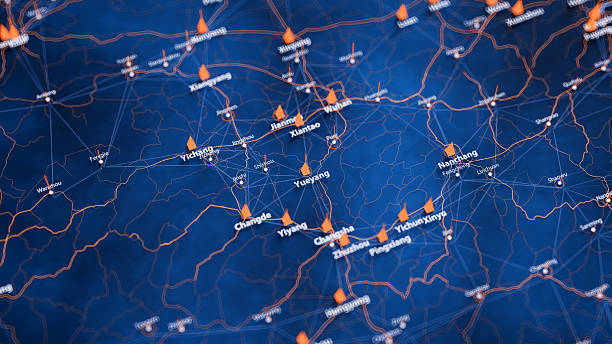 istock Yueyang map big data visualization. Futuristic map infographic of city in China. Visual map data complexity in modern blue and orange colors 2238995197
