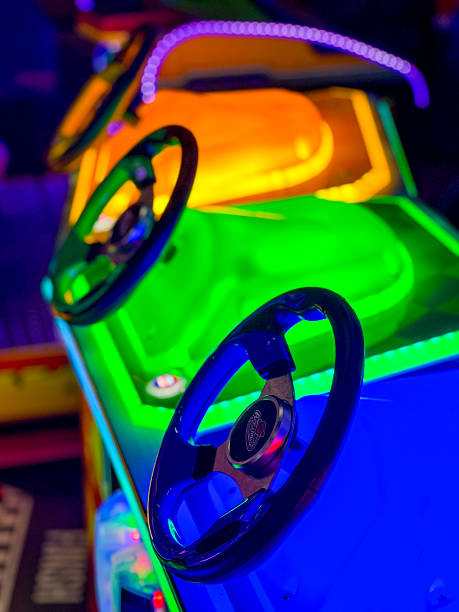 istock Race game at arcade or carnival with neon lights 2238997066