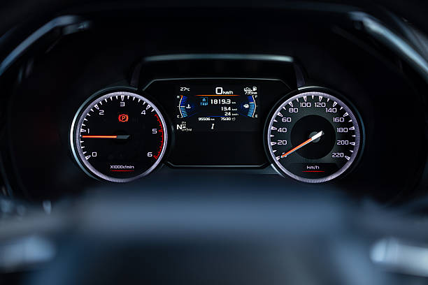 Digital dashboard in the car,Digital dashboard measures car speed in close-up,Car speed meter close-up with the speed driving electric car digital display screen. car digital speed meter dashboard modern automobile illuminated panel. Car dashboard modern