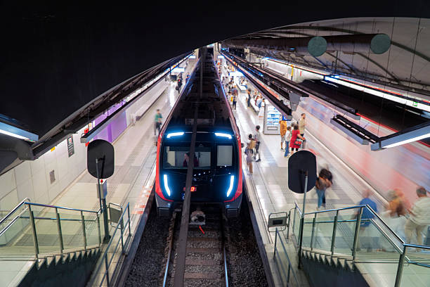 Trains entering and leaving the subway station stop