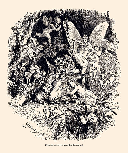 istock MIDSUMMER NIGHT'S DREAM BY WILLIAM SHAKESPEARE, ACT 2, SCENE 1 :  ''COME, SIT THEE DOWN UPON THIS FLOWERY BED ! '' 2239001252