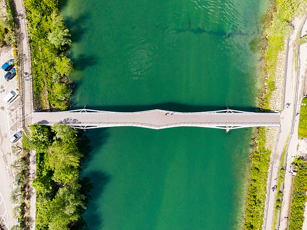 Aerial view of the bridge above the river Sarca at the village Torbole at Lake Garda
