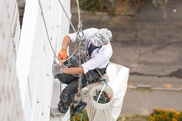 istock Construction worker insulating the exterior wall of a building with polystyrene panels at height. 2239006817