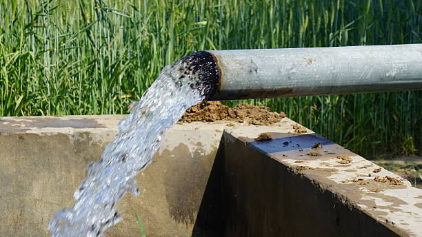 istock Water Flowing from Metal Pipe into Irrigation Ditch 2239007575