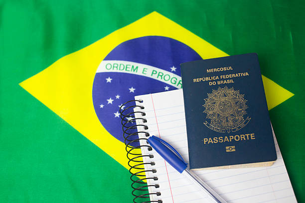 istock Brazilian flag and passport with notepad and pen 2239009249