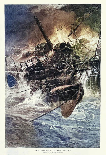 Lifeboat rescuing people from a sinking ship in a storm, after Charle Topham Davidson, Vintage illustration, 1890s, 19th Century