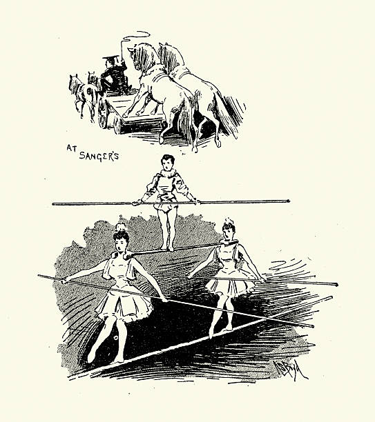 Acrobats walking the tightrope, trained horses, Sanger's Circus, London, Vintage illustration, 1890s, 19th Century
