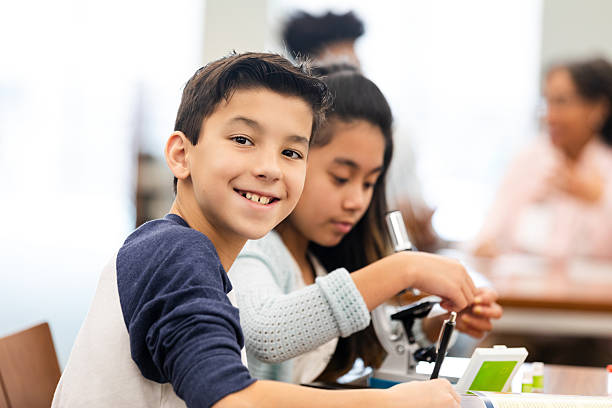 Children engaging in a science lesson, learning about the world through a microscope.
