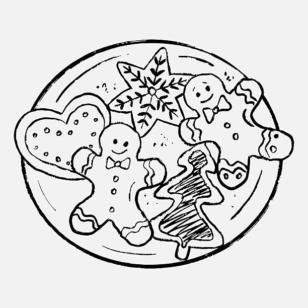 Hand drawn plate with gingerbread cookies. Vector sketch illustration in vintage crayon style. Gingerbread man, heart, a star with snowflake, and a Christmas tree cookie