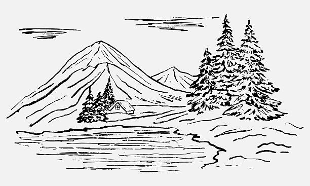 Hand drawn winter mountain landscape with snow, evergreen pine trees. Travel concept, climbing, skiing, Christmas greeting card. Vector sketch illustration in ventage crayon textured style.