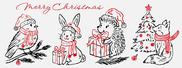 istock Hand drawn Merry Christmas greeting cards with animal characters with Christmas tree, gift box. Hedgehog, fox, tit bird, and hare. Vector sketch illustration in vintage crayon textured style. 2239024613
