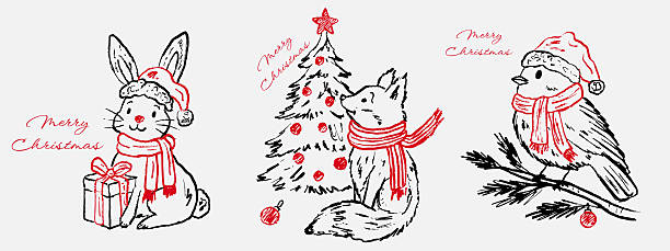 istock Festive Christmas animals hare, fox and cardinal bird in winter hat 2239024615