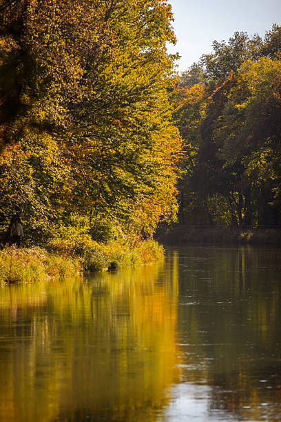 Public park view in autumn with reflections.\nMunich - Germany.