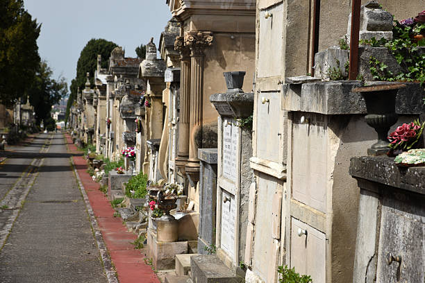 Terre-Cabade Cemetery in Toulouse stands as the largest cemetery in the region, sprawling across a 33-hectare area on the Jolimont hillside. The oldest part of the Cemetery was realized in 1840. The image shows several graves, captured during spring season.
