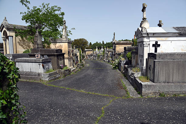 Terre-Cabade Cemetery in Toulouse stands as the largest cemetery in the region, sprawling across a 33-hectare area on the Jolimont hillside. The oldest part of the Cemetery was realized in 1840. The image shows several graves, captured during spring season.