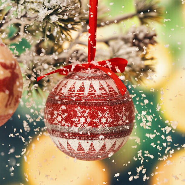 Christmas decorations balls hang on a red background.