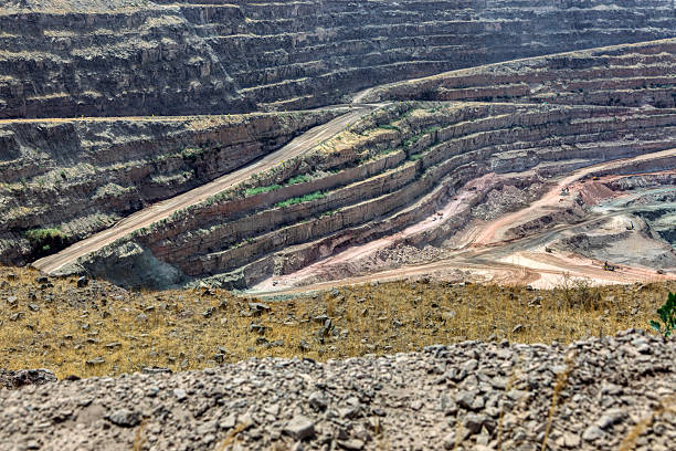 istock open pit mine at a diamond mine in Africa, quarry exploitation, excavations and earth moving machines, dirt road 2239048348