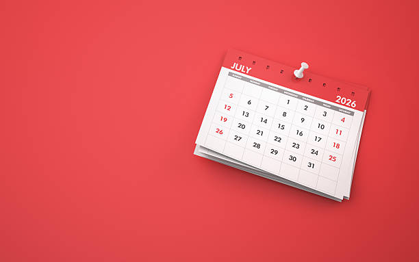 istock July 2026 Calendar on Red Background, Pinned with White Thumbtack 2239060718