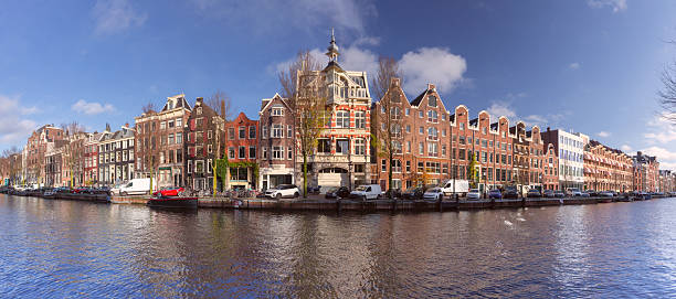 Panoramic view of historic canal houses along a waterway in Amsterdam Netherlands