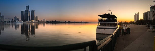 The Detroit and Windsor skylines as seen from the Windsor, Ontario Riverfront Park.