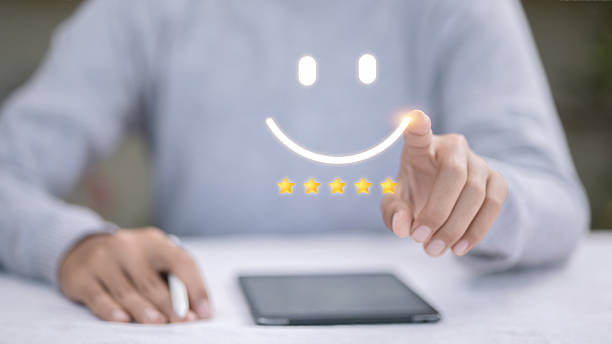istock Five Star Customer Satisfaction Rating with Smiley Face, Finger Touch UX 2239089919