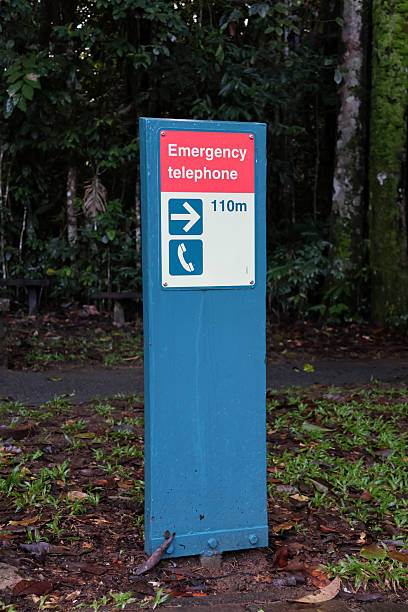 istock Emergency Telephone sign with an asphalt path and rainforest trees in the background 2239097035