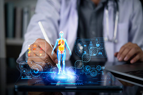 istock Physician interacts with holographic patient data on digital tablet. Examining virtual human anatomy, internal organs, skeleton for precise medical analysis, diagnosis, and innovative health tech. 2239098838