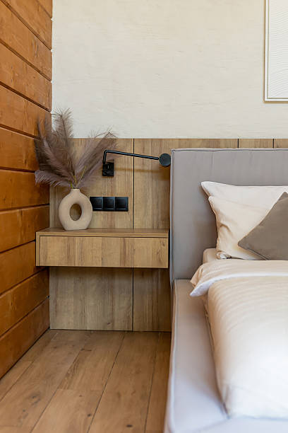 istock Stylish room with comfortable bed minimalist design 2239108212