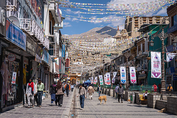 Leh, India - September 17, 2025: People and stores on popular Leh Main Market