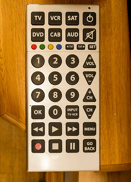 A detailed view of a black remote control, power off and play pause button. The remote control is positioned against a plain background.