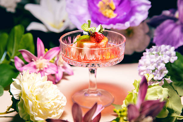Pudding decorated with strawberries and blueberries in a glass